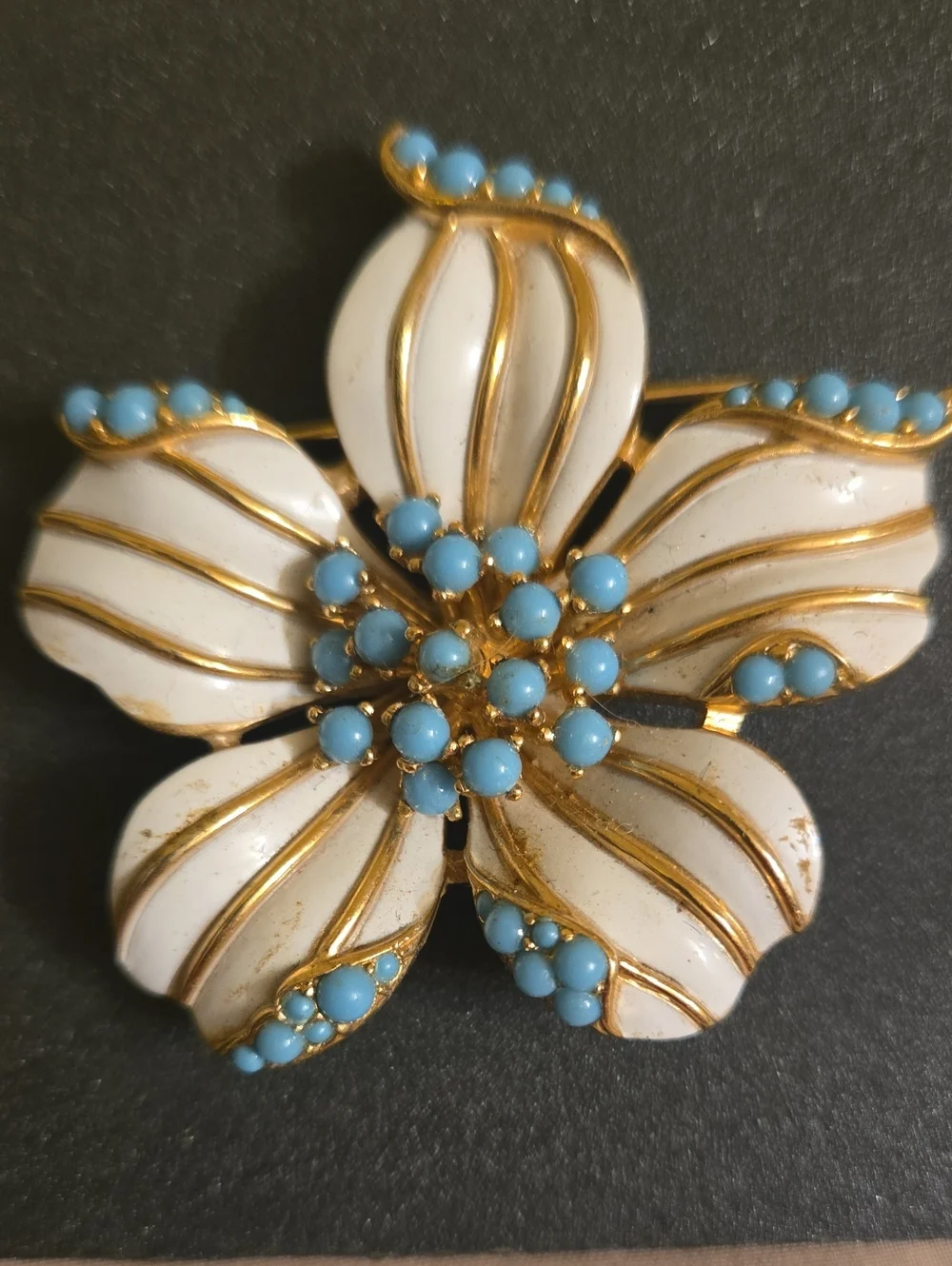 Gold-Trim White Enamel Floral Brooch with Blue Accent Beads